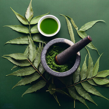 Medicinal Neem leaves in mortar and pestle with neem paste, juice and twigs on green background