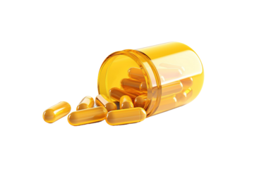 Sunshine Capsules in a Bottle of Dreams on White or PNG Transparent Background.