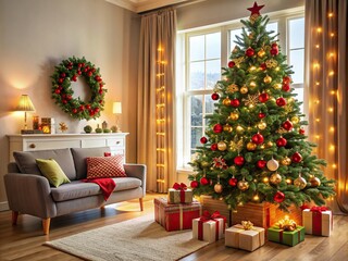 Christmas tree fully decorated with ornaments and presents in a cozy living room , christmas, tree, decorations, balls, lights, presents, living room, holiday, festive, celebration, cozy