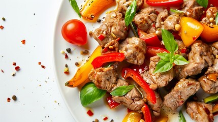 "Stock Photo: Fried Meat and Vegetables on White Background"