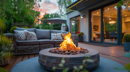 Grey outdoor furniture surrounds a fire pit on a residential terrace, promoting relaxation and conversation at sunset