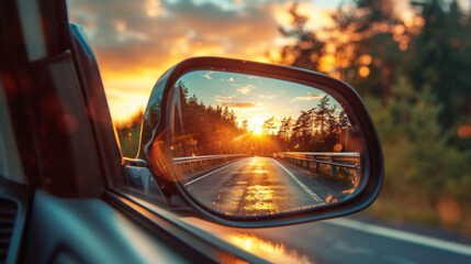 Roadside scenery mirrored in the car's rearview. Travel allure