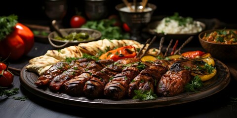 Grilled Arabic Dishes Kebab, Dolma, Mansaf, and Shawarma. Concept Arabic Cuisine, Grilled Dishes, Kebabs, Dolma, Mansaf, Shawarma