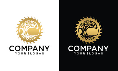 Fototapeta premium Creative Golden tree with gear engineer. Round logo emblem