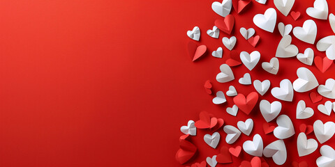 An array of paper hearts in various sizes on a vibrant red backdrop, depicting love, affection, or Valentine's Day celebrations