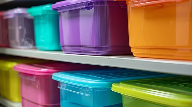 Close-up of colorful plastic storage boxes in various sizes, neatly aligned on a shelf, showcasing perfect organization and variety
