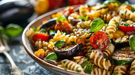 "Grilled Vegetable Pasta Salad with Zucchini, Eggplant, Asparagus, and Tomatoes."