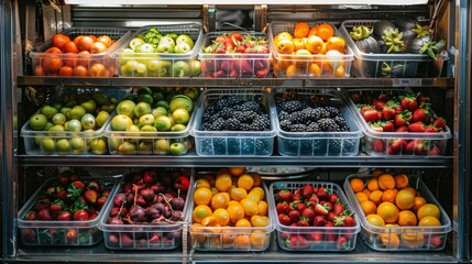 Brightly lit market stall with plastic containers filled with colorful fruits and vegetables, arranged neatly in rows, showcasing freshness and variety