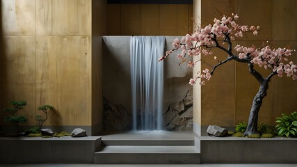 flowers in a vase A concrete wall featuring golden accents, a waterfall, mountains, sakura, and a Japanese landscape is adorned with volumetric stucco molding.