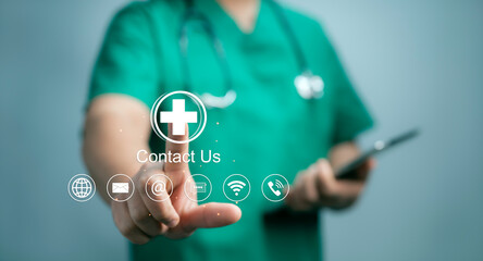 Medical worker with virtual screen contact icons email, address, live chat, internet wifi. Contact...