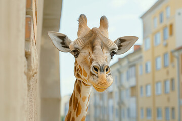 A giraffe's head peeking around a building corner in an urban setting, with a clear view of city architecture in the background.