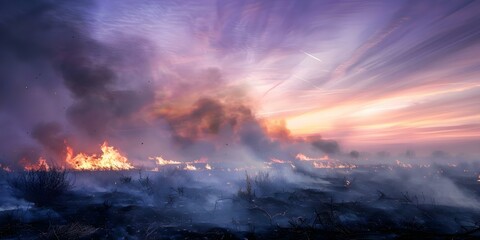 Smoke and fire rise into the sky from a burning wasteland. Concept Dystopian Future, Apocalyptic Scene, Devastation, Inferno, Environmental Catastrophe