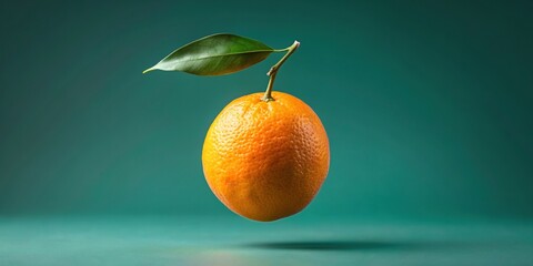 A single, ripe orange fruit with a green stem floats mid-air, isolated against a background, orange fruit, flying fruit, levitating fruit, orange, citrus, fruit, fresh, ripe, healthy, food