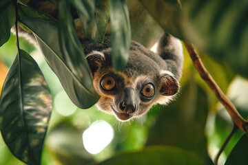 Obraz premium A close-up of a lemur peeking through the dense foliage with wide, alert eyes and a curious expression
