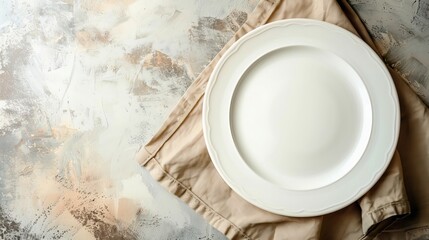 "Stock Photo: Top View of an Empty Round White Plate on a Colored Background, Resting on a Tablecloth. Empty Dish on Napkin with Space for Your Design"