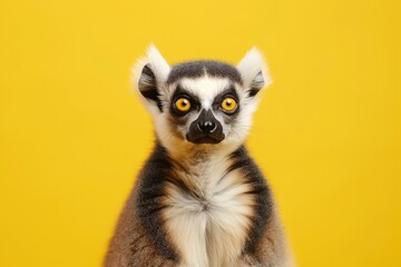 Ring-tailed lemur with bright yellow eyes against a vibrant yellow background.