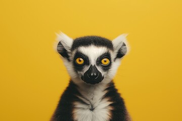 Ring-tailed lemur with striking yellow eyes and dark facial markings on yellow background.