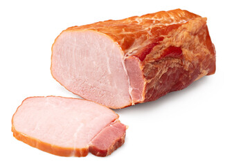 smoked sliced pork brisket isolated on white background. clipping path