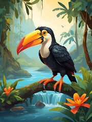 Realistic illustration of toucan sitting on tree. cartoon style, 3d,   Toucan bird. Jungle forest. Toucan on a tree branch.