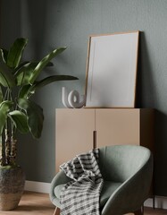 Mockup poster frame, scandinavian style room interior, in dark green wall background, 3d rendering
