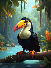 Realistic illustration of toucan sitting on tree. cartoon style, 3d,  Toucan bird. Jungle forest. Toucan on a tree branch.