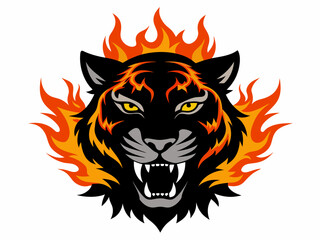 Black Silhouette on Fire Tiger Face Logo,Tiger, Face, Logo, Black Silhouette, Fire, Wild, Animal, Fierce, Predator, Symbol, Iconic, Graphic, Illustration, Art, Design, Minimalist, Stylish, 