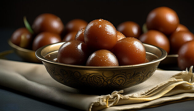 Delicious Gulab Jamun in bowl. Indian Dessert or Sweet Dish