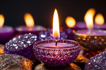 Elegant Purple Tealight Candles in Crystal Holders Creating a Warm, Tranquil Ambiance