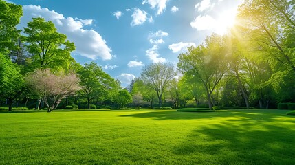 Obraz premium Vibrant spring nature backdrop with a pristine, neatly trimmed lawn and lush trees under a clear blue sky adorned with soft clouds on a sunny day