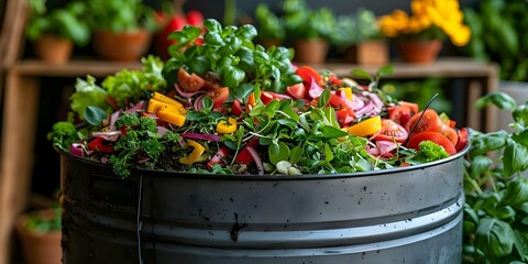 Kitchen scraps in compost bin promote sustainable waste management at home. Concept Home Composting, Sustainable Living, Waste Management, Kitchen Scraps, Environmental Conservation
