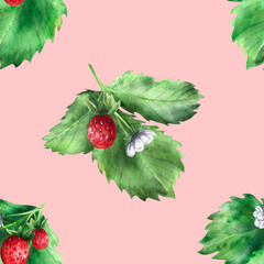 Forest red strawberry with flowers and leaves on a pink background. Watercolor illustration. Seamless pattern. For fabrics and textiles, wallpapers and prints, wrapping paper and design