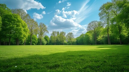 Vibrant spring nature backdrop with a pristine, neatly trimmed lawn and lush trees under a clear blue sky adorned with soft clouds on a sunny day