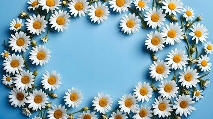 Obraz premium Chamomiles on a blue background, top view, empty space place for text. banner