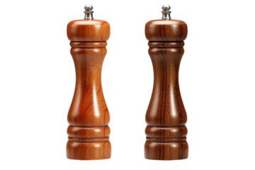 The Symphony of Flavor: A Duo of Handcrafted Wooden Salt and Pepper Mills on White or PNG Transparent Background.