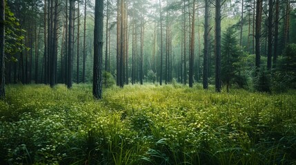 Obraz premium Dense forest with adjacent trees, tall grass blades creating a lush floor, capturing the wild essence of nature in raw style