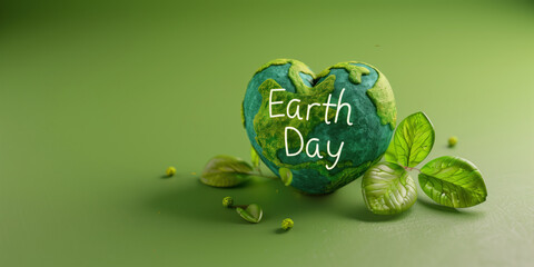 Earth Day Heart Shaped Globe. Heart-shaped globe with Earth Day text on green background. Environmental awareness concept.