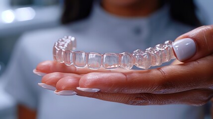 Close up dental invisible aligner retainer on hand of woman, orthodontic treatment course background. Generative AI