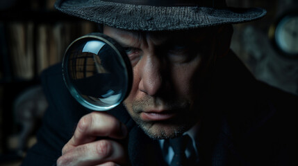 A detective with magnifying glass eyes, precisely analyzing every element to discover the essence of the case and solve complex puzzles.