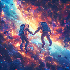 Wide-angle view of an astronaut couple holding hands