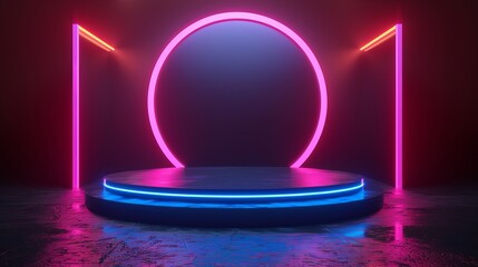  3D Rendering the Futuristic Abstract of Neon Light With Empty Space pedestal.