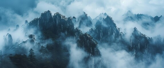 Majestic Mountain Embraced by Fog and Clouds, Revealing Steep Peaks, Strange Rocks, and Pine Trees, Mysterious Atmosphere