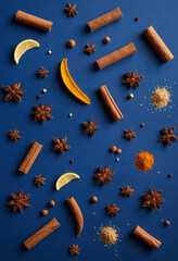 Naklejka premium a royal blue background with loosely scattered spices.