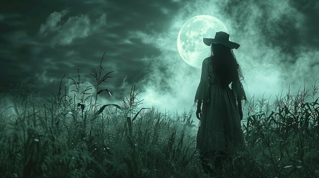 Portrait of a witch in a hat standing on a full moon in a field with her back on Halloween