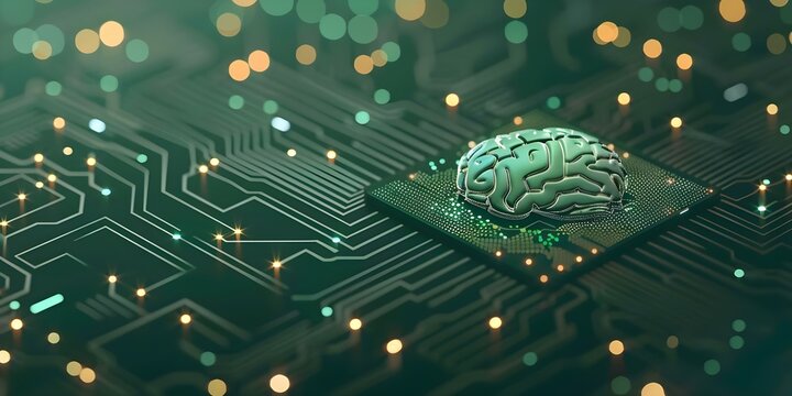 AI chip for humanlike memory and intelligence mimicking brain functions. Concept AI Development, Neural Networks, Brain-Inspired Technology, Memory Enhancement, Human-Like Intelligence