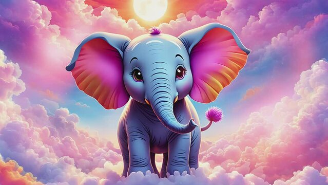 Adorable baby elephant standing under the sun in a vibrant, colorful sky with fluffy clouds. Whimsical animal concept