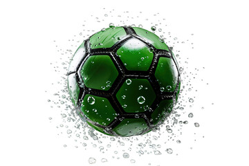 Fototapeta premium 3D green soccer ball with water splash, wet football texture and droplets, sporty graphic element for ads and posters isolated on Transparent Background