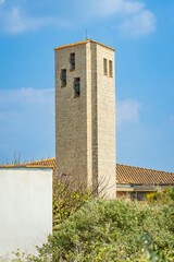 Bell tower of the Notre-Dame des flots church of La Cotiniere in Saint-Pierre-d'Oléron, France
