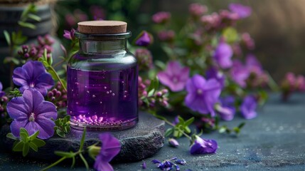 Aesthetic jar containing purple liquid, framed by vivid purple flowers and fresh green foliage, with an emphasis on detail and natural harmony