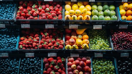 Obraz premium Aerial view of plastic containers in a supermarket, filled with fresh fruits and vegetables, each container meticulously arranged in rows, creating a colorful mosaic