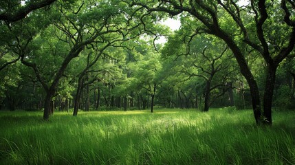 Fototapeta premium Adjacent trees form a dense canopy in a thriving forest, with tall grass blades creating a lush undergrowth, nature's green embrace